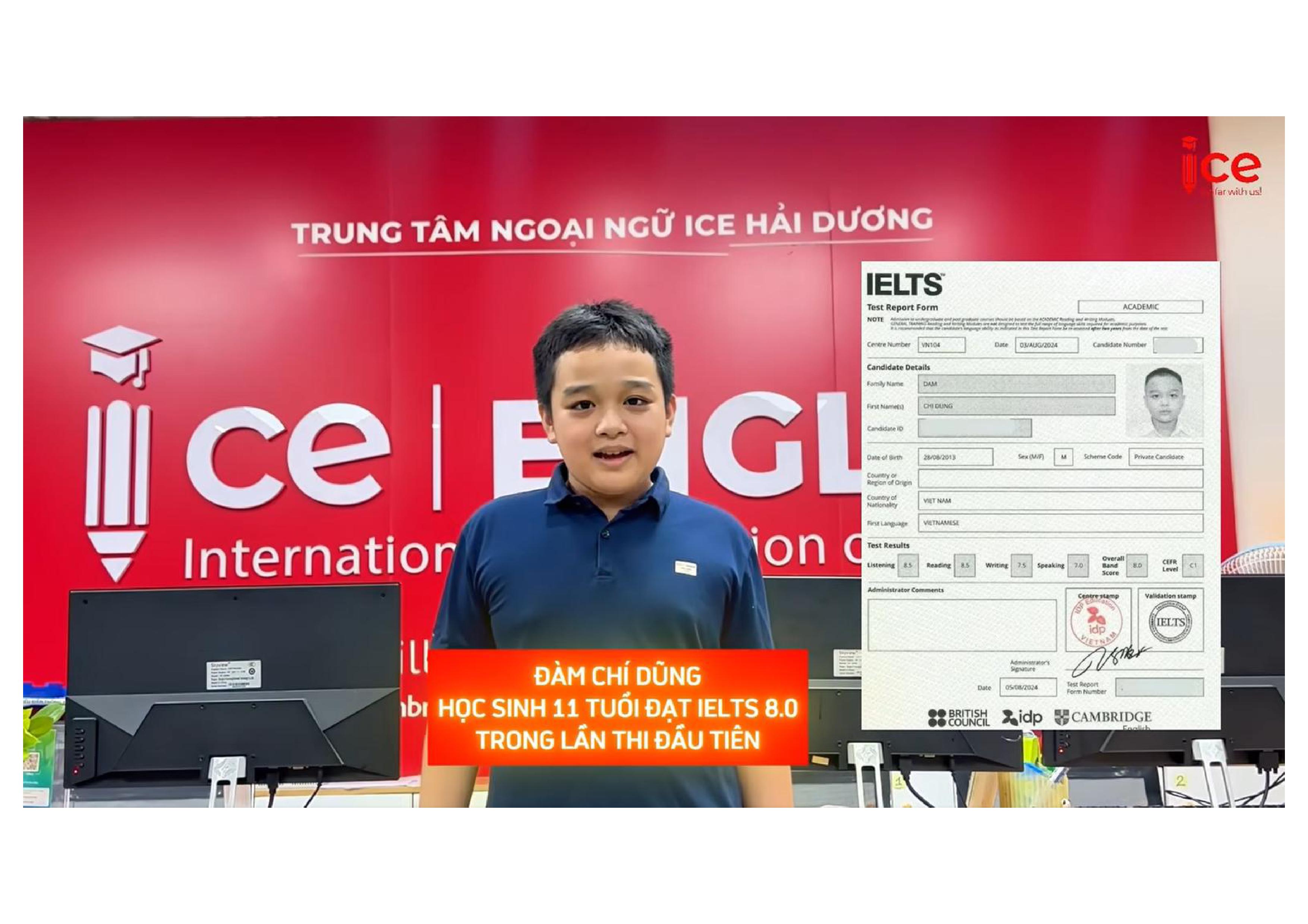 Học viên 11 tuổi đạt 8.0 IELTS – Thành tích ấn tượng từ ICE IELTS Hải Dương
